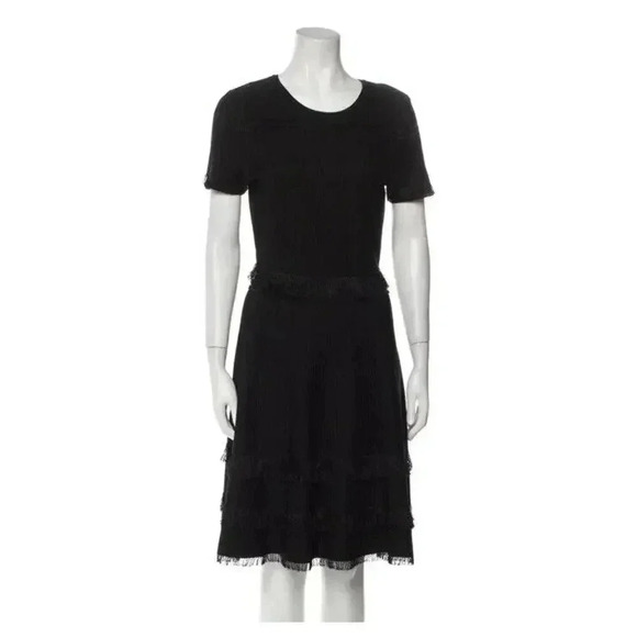 Milly Black Short Sleeve Fit & Flare Fringe Detail Ribbed Dress Zip Back Size P - Picture 1 of 11